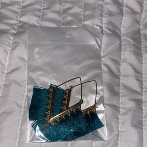 Teal Fringe Earrings with Gold Accents